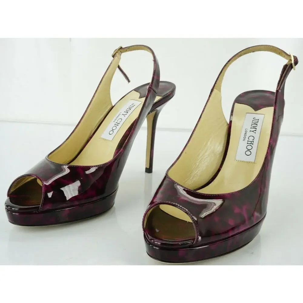 Jimmy Choo Purple Tortoise Nova Patent Peep Toe Slingback Sandal Size 39 $750